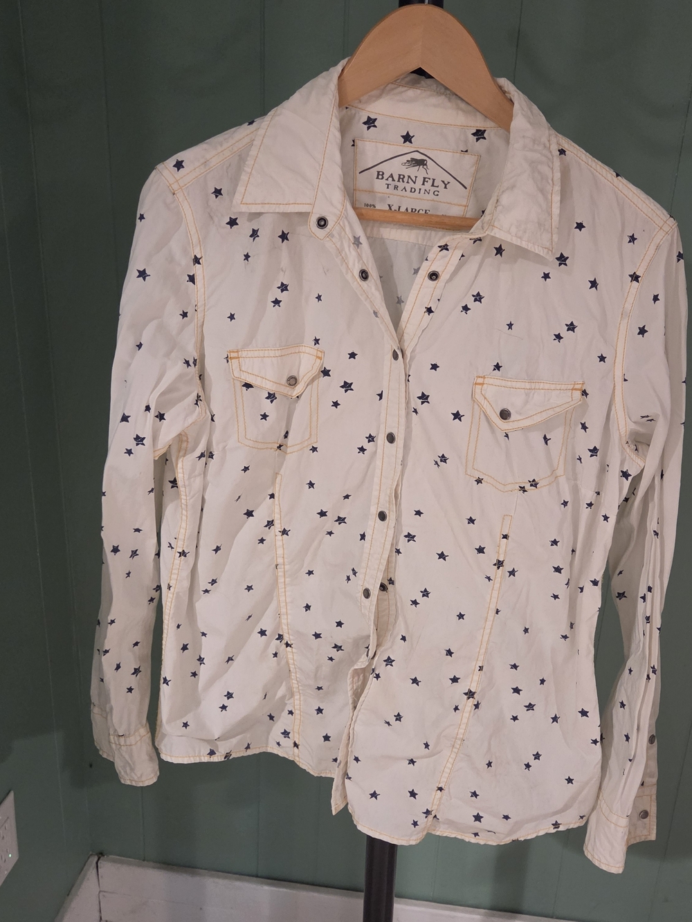 Star-Print Western Style, Cowgirl Shirt, 100% Cotton, White with Blue Stars